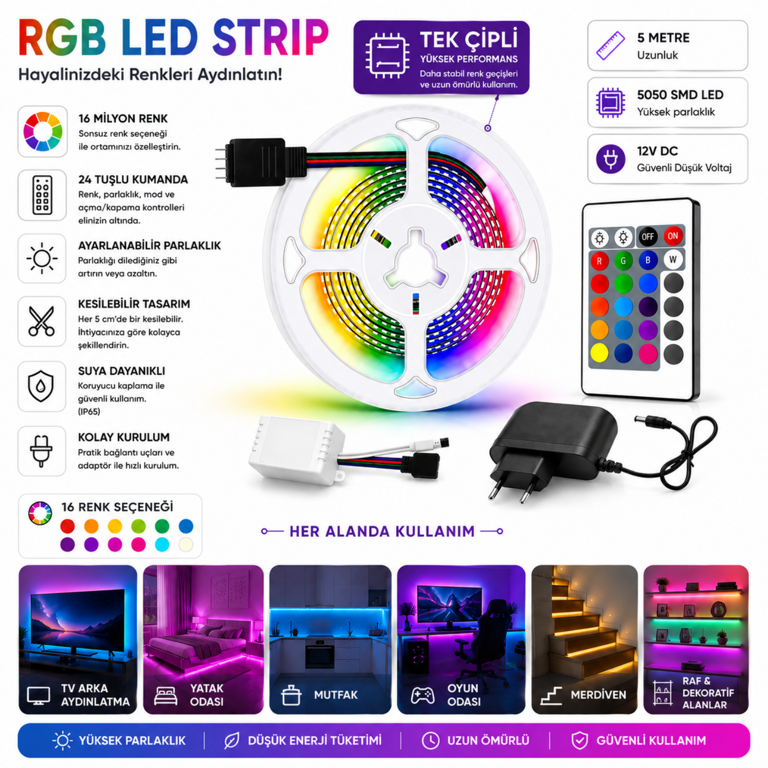 Shopify Başlık:  5 Metre RGB LED Şerit Işık Seti – Tek Çipli / 3 Çipli Seçenekli 5050 SMD LED, Kumandalı Dekoratif LED Aydınlatma
