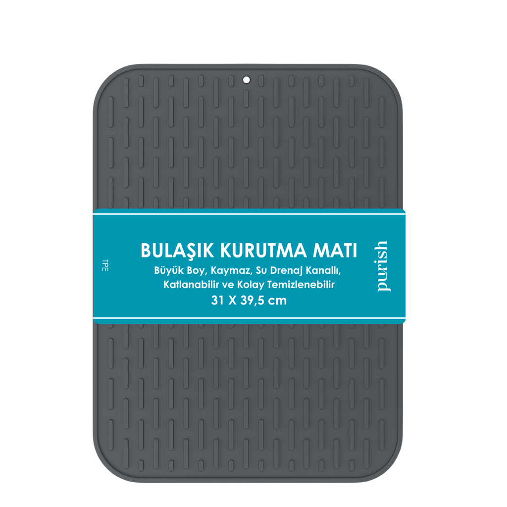 Purish | Bulaşık Kurutma Matı –TPE – 31x39,5 cm, Kaymaz, Su Drenaj Kanallı, Katlanabilir ve Kolay Temizlenebilir (Antrasit Gri)