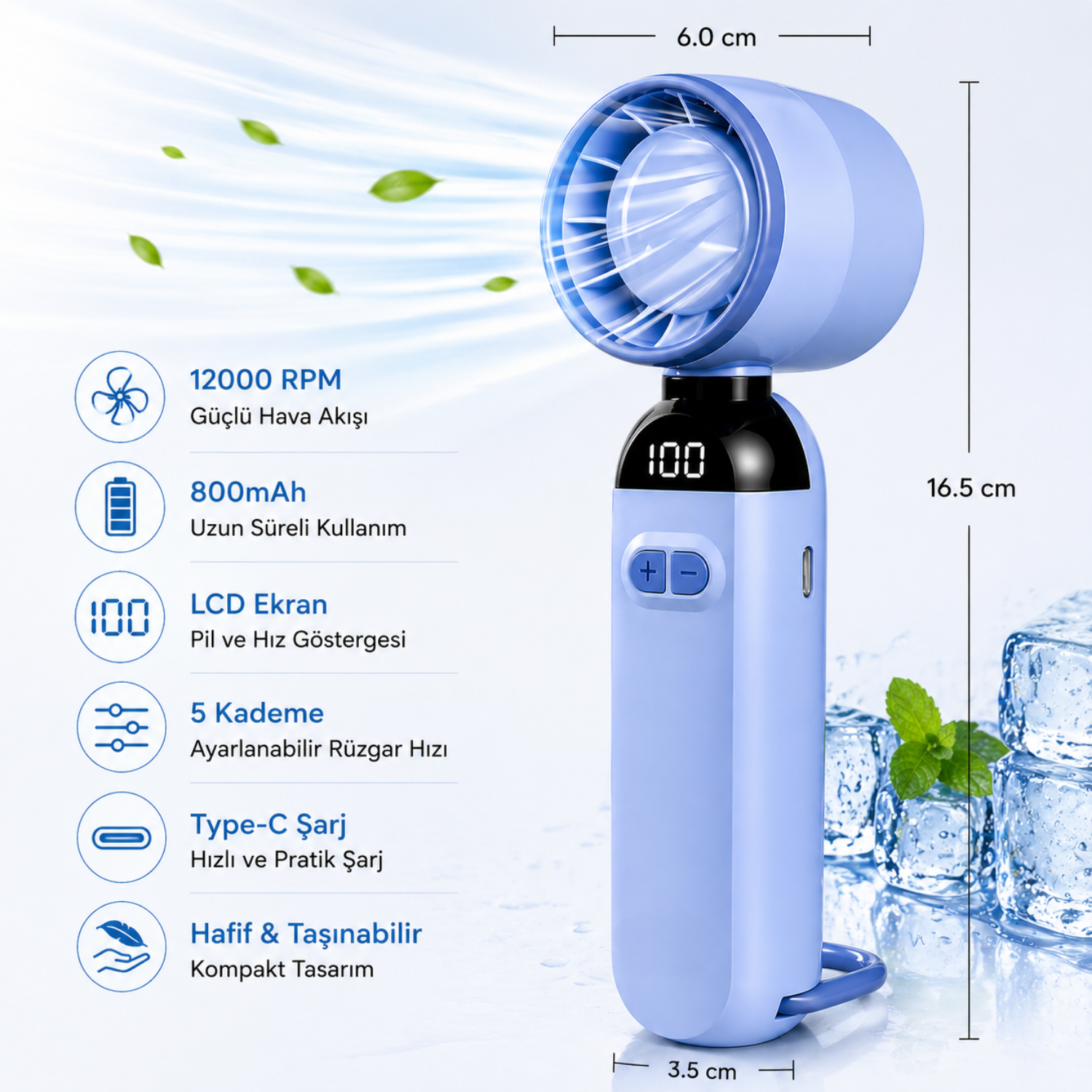 Taşınabilir Mini El Fanı – 12000 RPM Dijital Ekranlı Şarjlı Fan | 5 Kademeli Type-C USB Fan