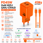 45W GaN Hızlı Şarj Adaptörü USB-C PD + USB-A Çift Çıkış | 1M Type-C Kablo Dahil | Telefon Tablet Laptop Uyumlu