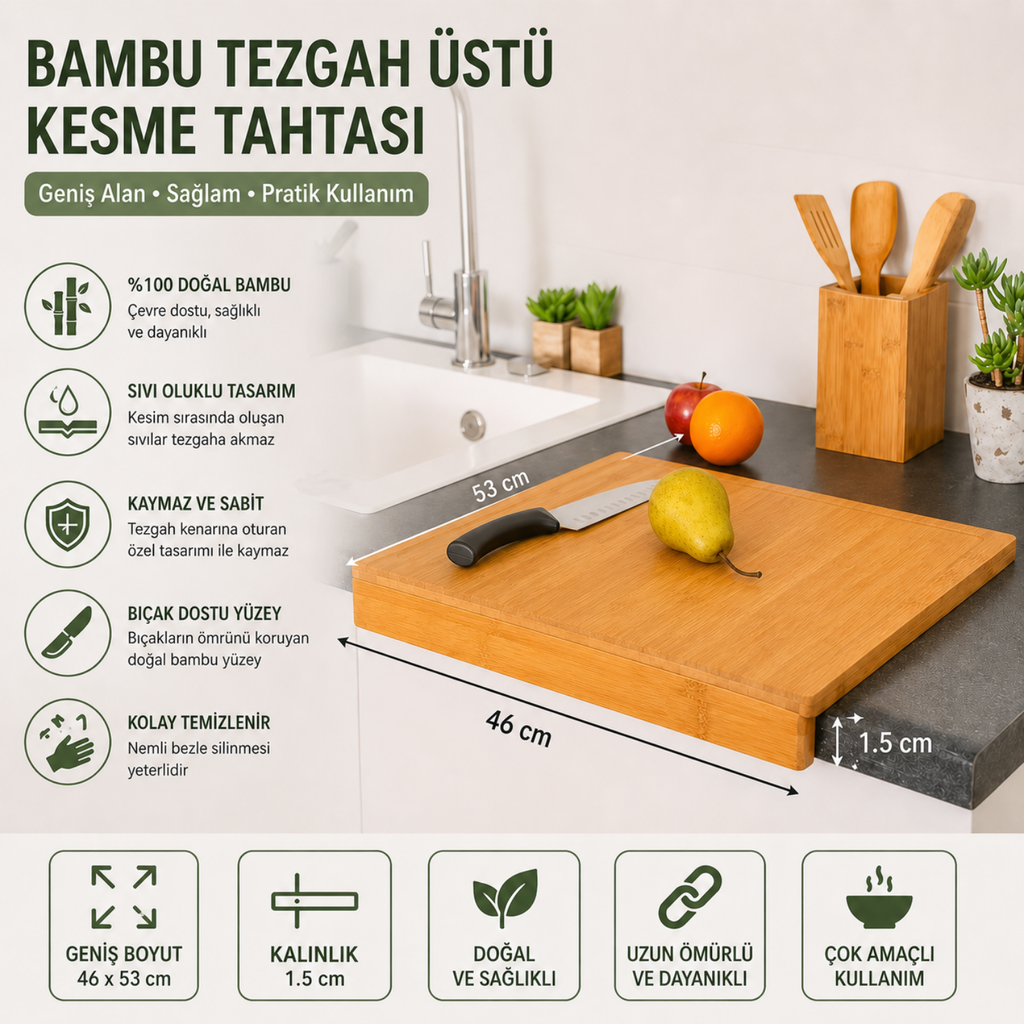 Premium Bambu Kesme Tahtası – Tezgah Üstü Büyük Boy Doğal Kesim Tahtası – Kaymaz ve Kalın Tasarım