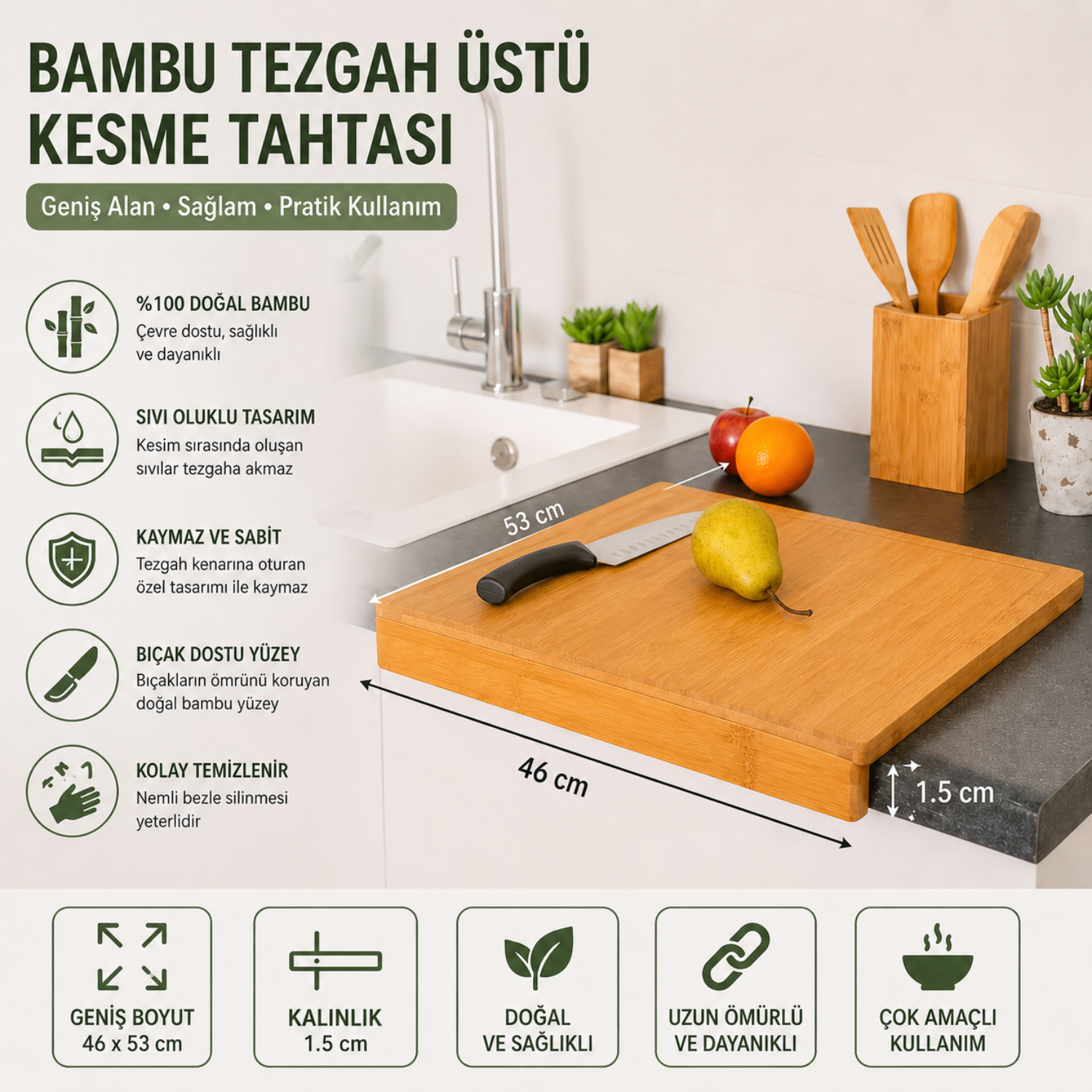 Premium Bambu Kesme Tahtası – Tezgah Üstü Büyük Boy Doğal Kesim Tahtası – Kaymaz ve Kalın Tasarım