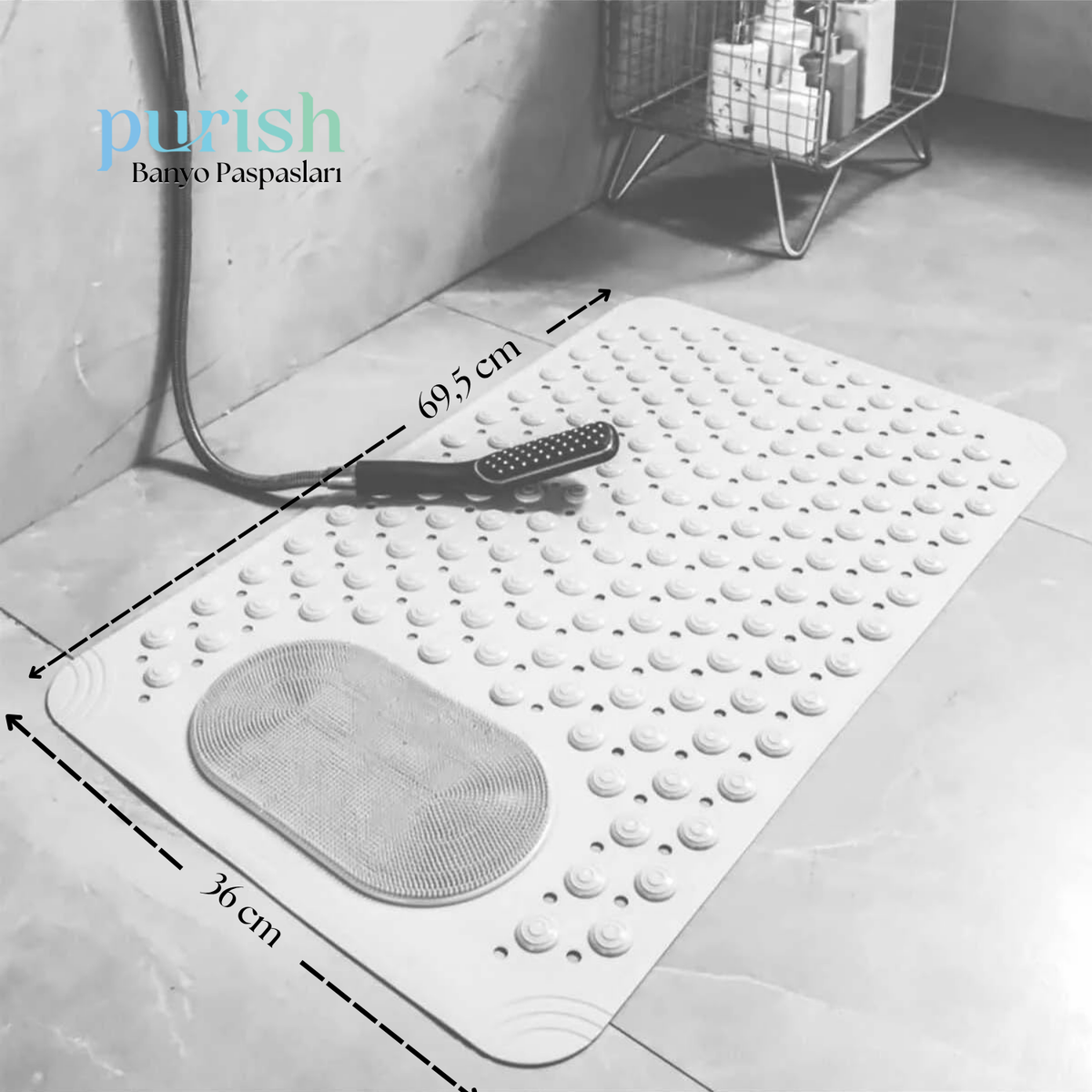 Purish | Kaymaz Banyo Paspası | Beyaz | 69,5x36cm – Dikdörtgen Duş Matı, Küvet Paspası | Güçlü Vantuzlu, Su Tahliyeli, Masaj, Fırçalı | Makinede Yıkanabilir | Kaydırmaz Zemin Matı (Copy) - Herseyben.de
