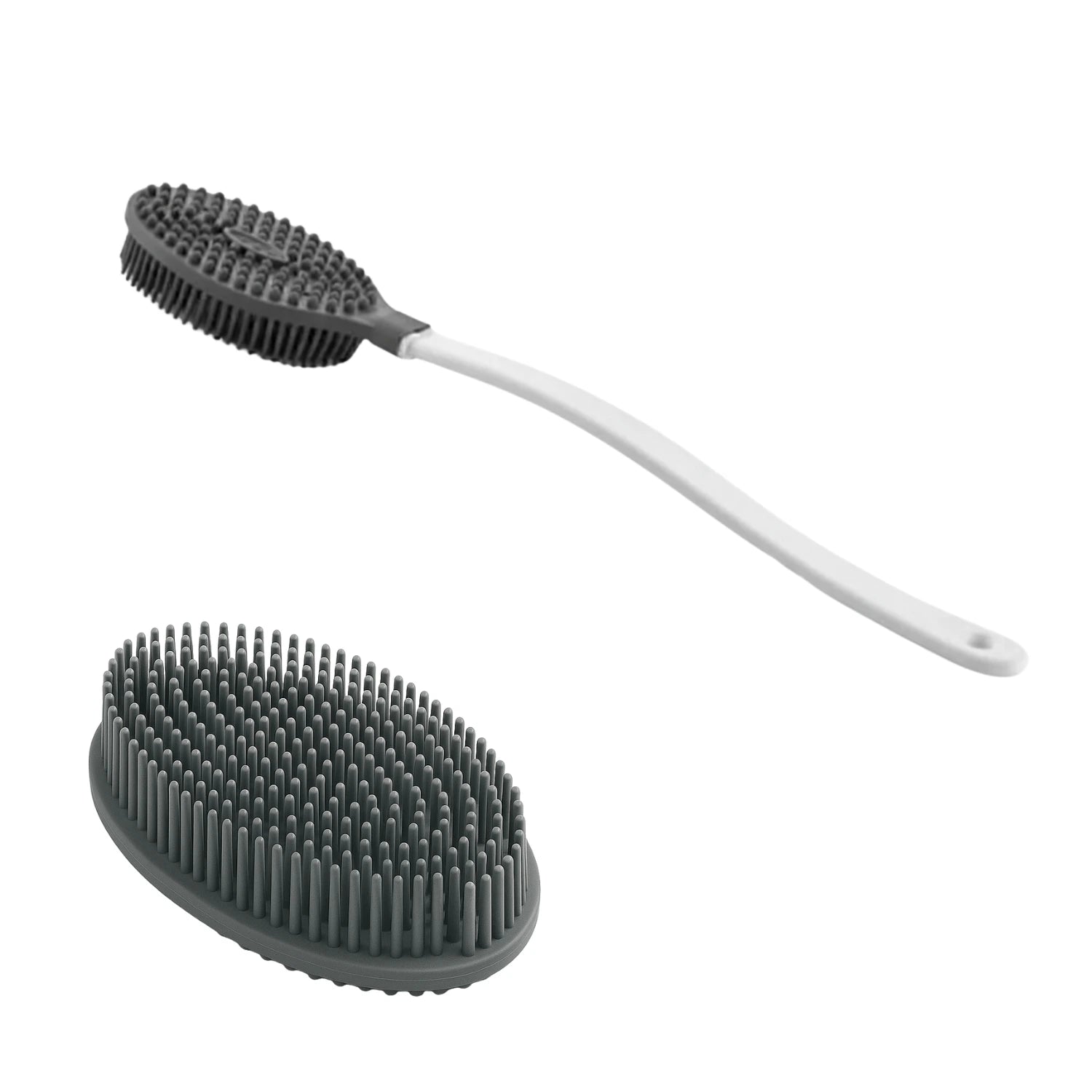Uzun Saplı Vücut Temizlik ve Masaj Fırçası (Beyaz Sap, Gri TPE Başlık) – 41 cm, 7×12 cm