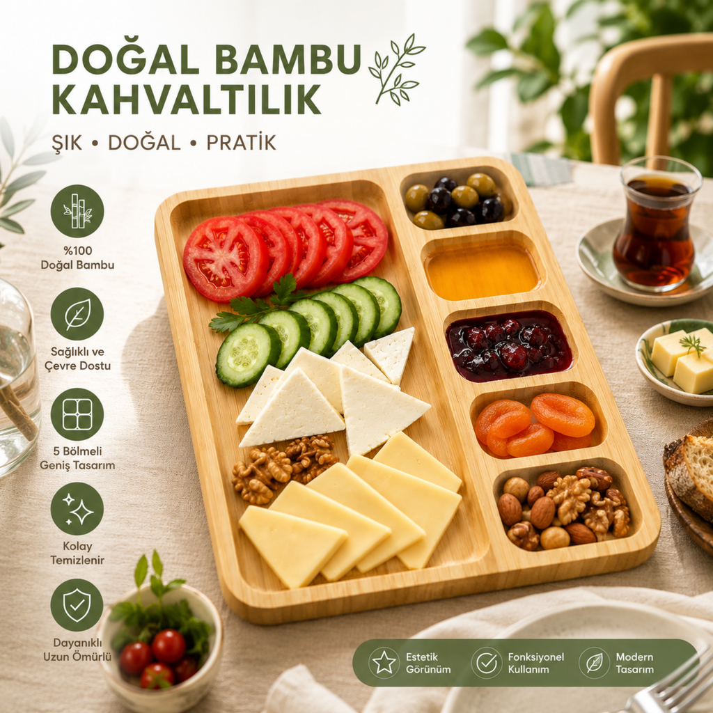 Bambu Kahvaltılık Sunum Tepsisi 6 Bölmeli Ahşap Servis Tabağı – 1 Adet, 4 Adet ve 6 Adet Ekonomik Set Seçenekleri – 32.5x25.5x2CM