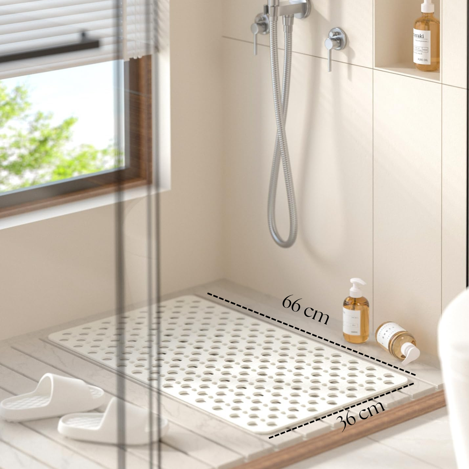 Purish | Kaymaz Banyo Paspası | Beyaz| 36x66 cm – Dikdörtgen Duş Matı, Küvet Paspası | Güçlü Vantuzlu, Su Tahliyeli, Yumuşak | Makinede Yıkanabilir | Kaydırmaz Zemin Matı