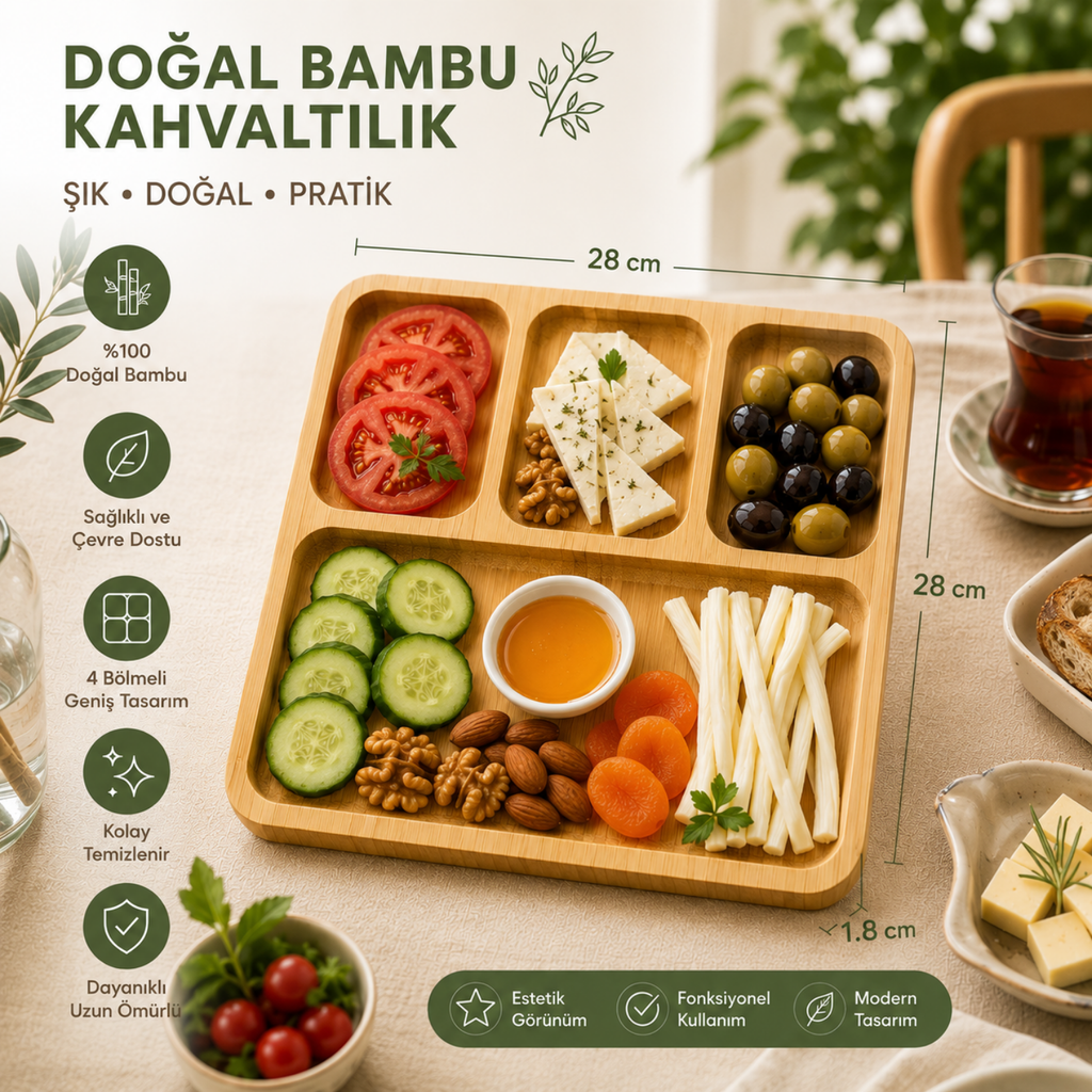 Bambu Kahvaltılık Sunum Tabağı 28x28 cm – 4 Bölmeli Doğal Bambu Servis Tepsisi | 1 Adet, 4’lü ve 6’lı Paket