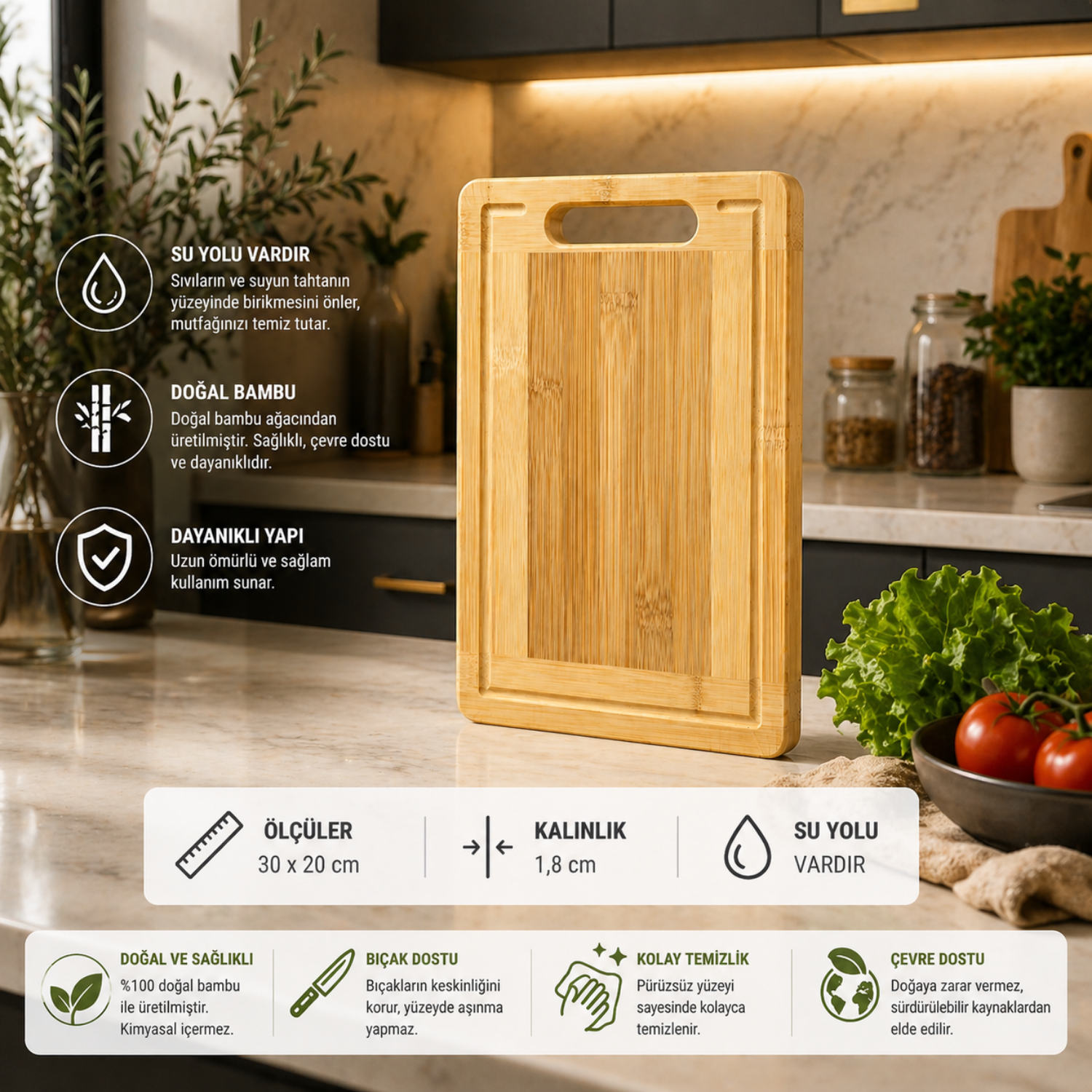 Bambu Kesme Tahtası Su Yollu Doğal Ahşap | 30x20 - 32x22 - 34x24 cm | 1.8 cm Kalın Dayanıklı Kesim Panosu