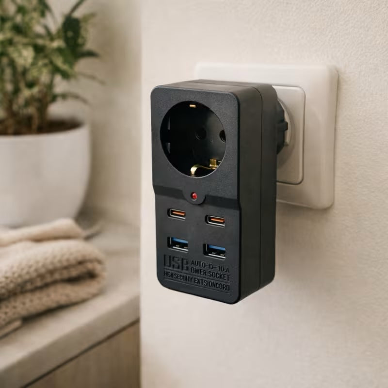 Akım Korumalı Priz Çoğaltıcı | 2 USB + 2 Type-C Hızlı Şarj Adaptörü, Topraklı Çoklu Priz