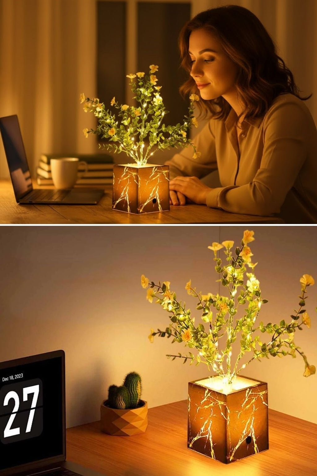 Işıklı Yapay Çiçek – Siyah Saksılı LED Dekoratif Bitki, Masaüstü ve Ev Ofis Aydınlatmalı Süs Bitkisi