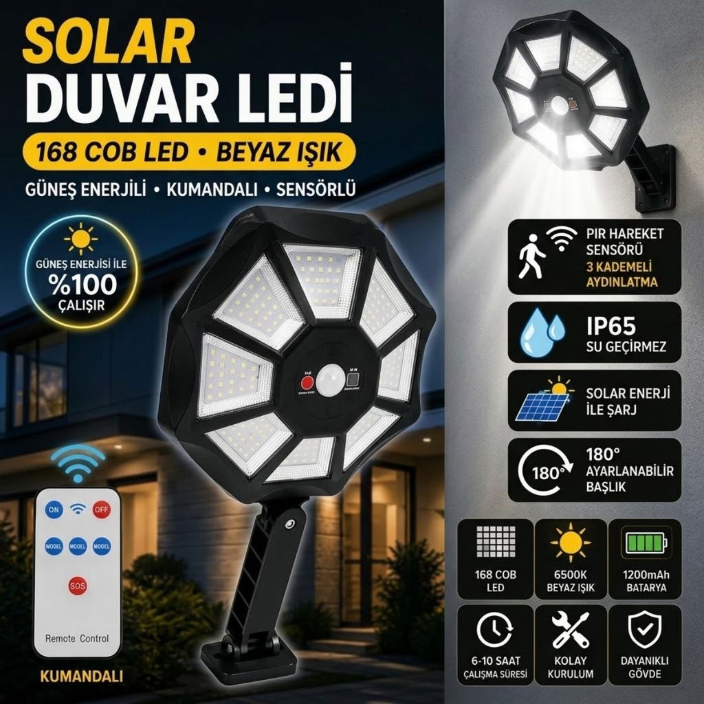168B Solar LED Büyük Dış Mekân Lambası, Hareket Sensörlü, Kumandalı, 3 Modlu Ultra Parlak COB Işık, Su Geçirmez Kablosuz Duvar Apliği