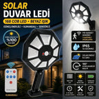 168B Solar LED Büyük Dış Mekân Lambası, Hareket Sensörlü, Kumandalı, 3 Modlu Ultra Parlak COB Işık, Su Geçirmez Kablosuz Duvar Apliği