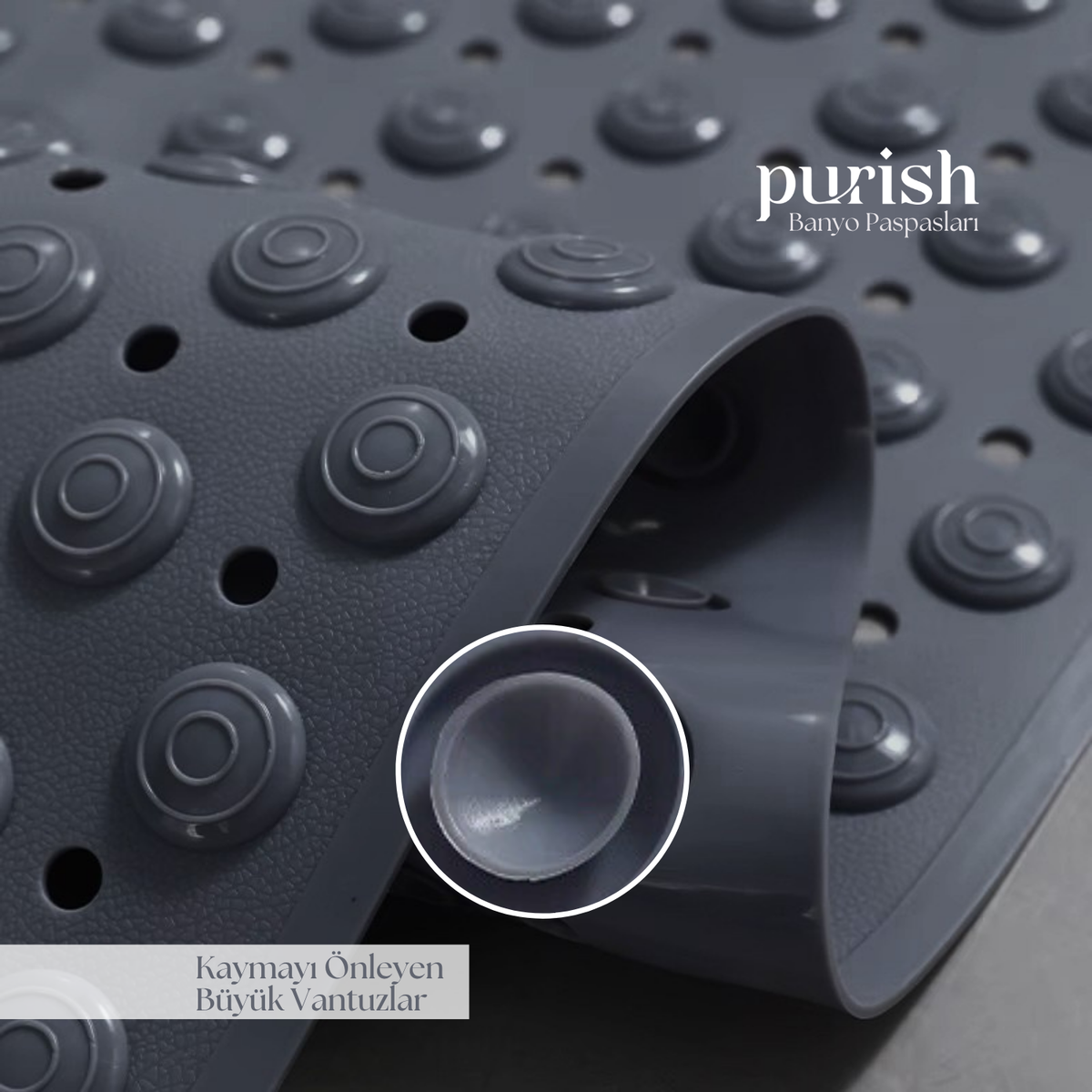 Purish | Kaymaz Banyo Paspası | Antrasit Gri | 69,5x36cm – Dikdörtgen Duş Matı, Küvet Paspası | Güçlü Vantuzlu, Su Tahliyeli, Masaj, Fırçalı | Makinede Yıkanabilir | Kaydırmaz Zemin Matı - Herseyben.de