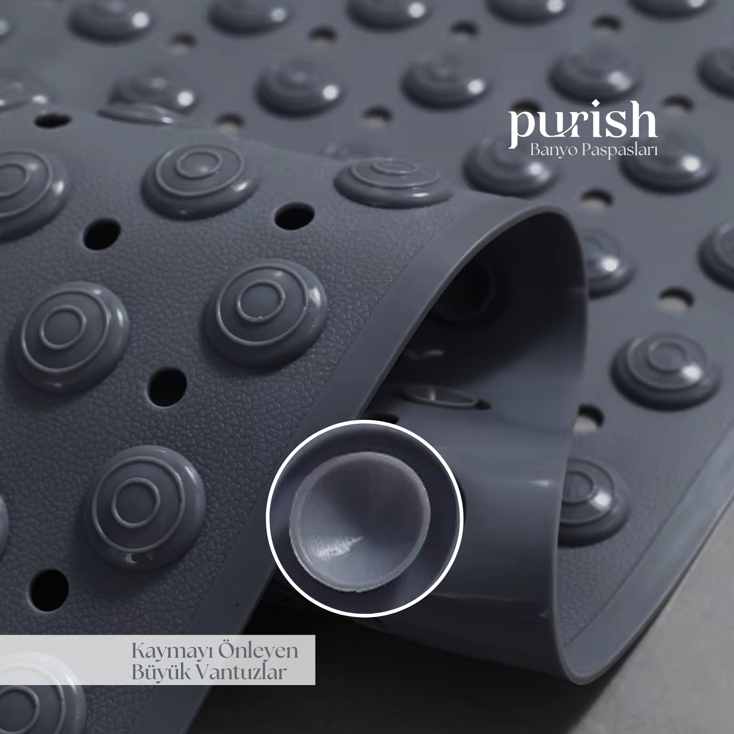 Purish | Kaymaz Banyo Paspası | Antrasit Gri | 69,5x36cm – Dikdörtgen Duş Matı, Küvet Paspası | Güçlü Vantuzlu, Su Tahliyeli, Masaj, Fırçalı | Makinede Yıkanabilir | Kaydırmaz Zemin Matı - Herseyben.de