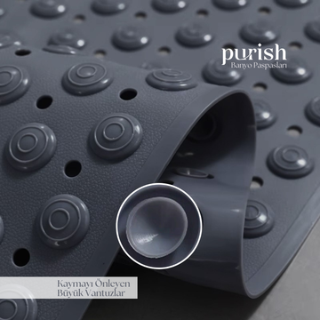 Purish | Kaymaz Banyo Paspası | Antrasit Gri | 69,5x36cm – Dikdörtgen Duş Matı, Küvet Paspası | Güçlü Vantuzlu, Su Tahliyeli, Masaj, Fırçalı | Makinede Yıkanabilir | Kaydırmaz Zemin Matı
