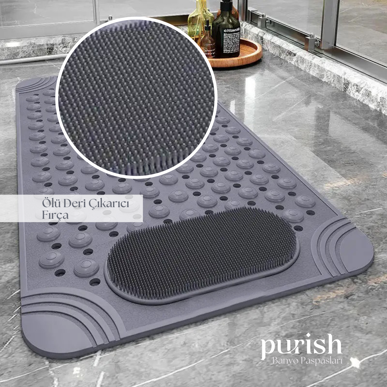 Purish | Kaymaz Banyo Paspası | Antrasit Gri | 69,5x36cm – Dikdörtgen Duş Matı, Küvet Paspası | Güçlü Vantuzlu, Su Tahliyeli, Masaj, Fırçalı | Makinede Yıkanabilir | Kaydırmaz Zemin Matı - Herseyben.de