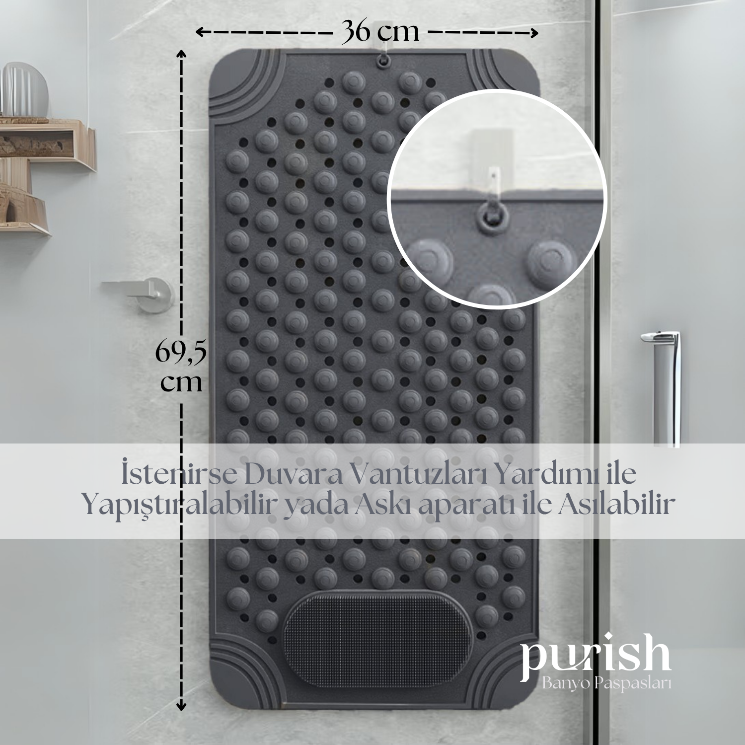 Purish | Kaymaz Banyo Paspası | Antrasit Gri | 69,5x36cm – Dikdörtgen Duş Matı, Küvet Paspası | Güçlü Vantuzlu, Su Tahliyeli, Masaj, Fırçalı | Makinede Yıkanabilir | Kaydırmaz Zemin Matı - Herseyben.de