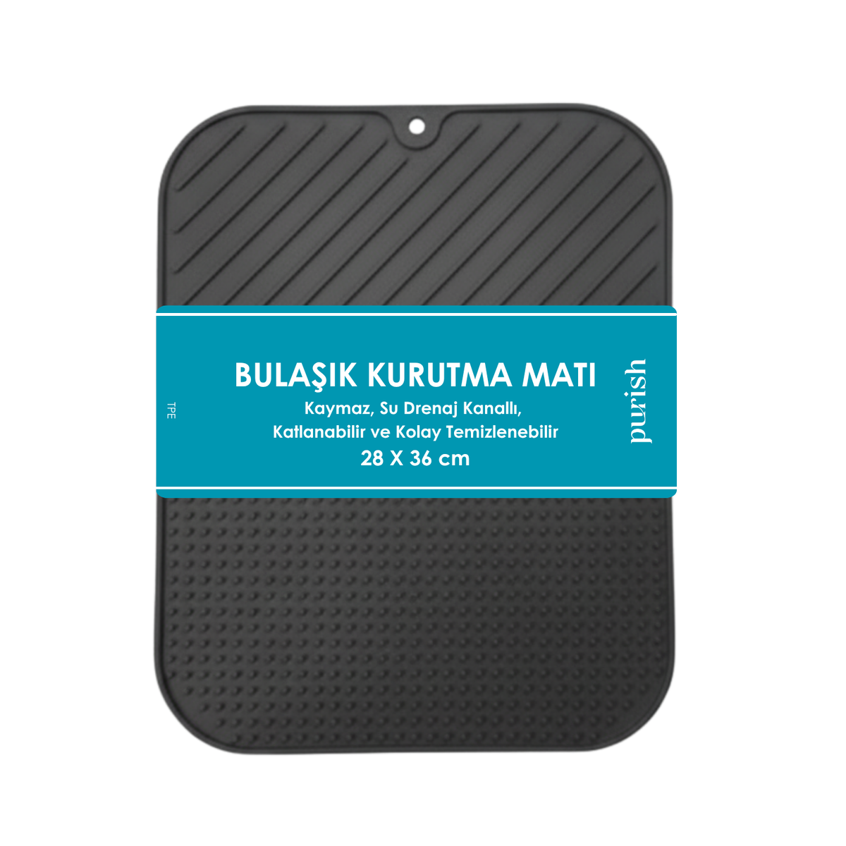 Purish | Bulaşık Kurutma Matı –TPE – 28x36 cm, Kaymaz, Su Drenaj Kanallı, Katlanabilir ve Kolay Temizlenebilir – Mutfak Tezgâhı İçin Bardak & Tabak Kurutma Pedi (Antrasit Gri)
