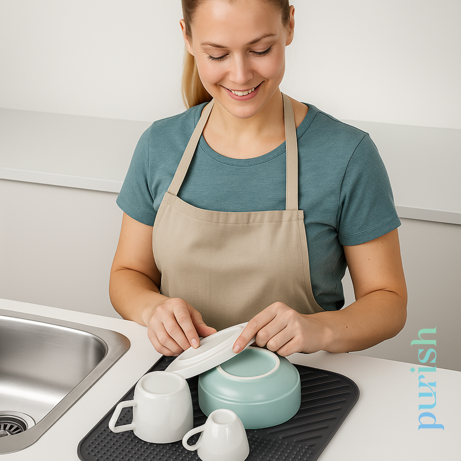 Purish | Bulaşık Kurutma Matı –TPE – 28x36 cm, Kaymaz, Su Drenaj Kanallı, Katlanabilir ve Kolay Temizlenebilir – Mutfak Tezgâhı İçin Bardak & Tabak Kurutma Pedi (Antrasit Gri)