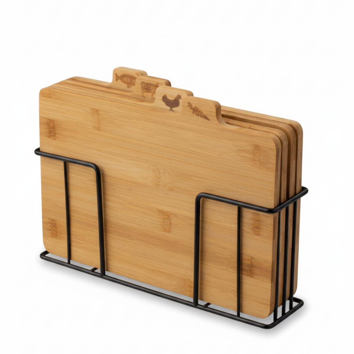 Bambu Kesme Tahtası Seti – 4’lü, 28x20x1 cm, Kaymaz Standlı, Hijyenik Bölmeli, Sebze, Balık, Et & Tavuk için Etiketli – Mutfak Hazırlık Seti