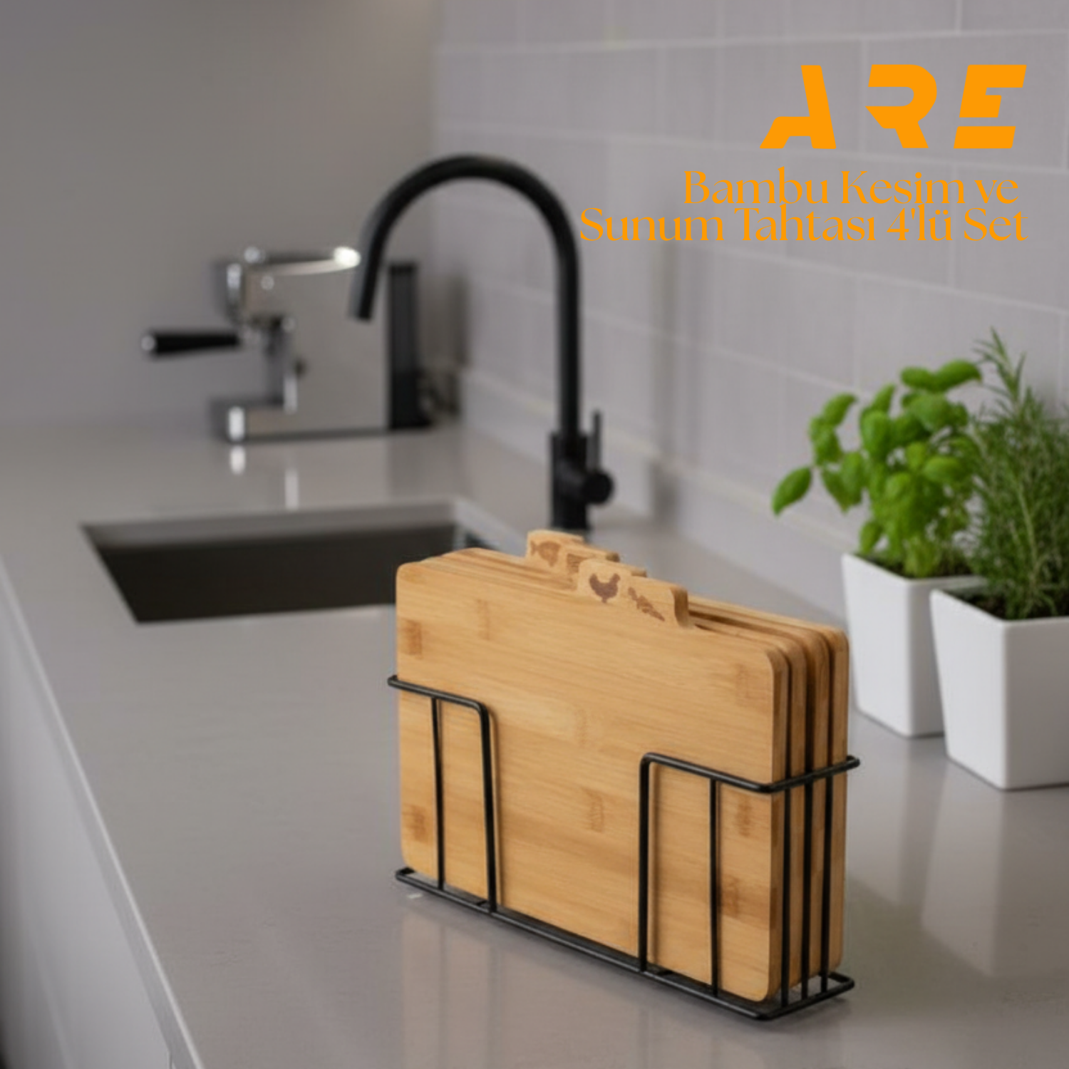 Bambu Kesme Tahtası Seti – 4’lü, 28x20x1 cm, Kaymaz Standlı, Hijyenik Bölmeli, Sebze, Balık, Et & Tavuk için Etiketli – Mutfak Hazırlık Seti