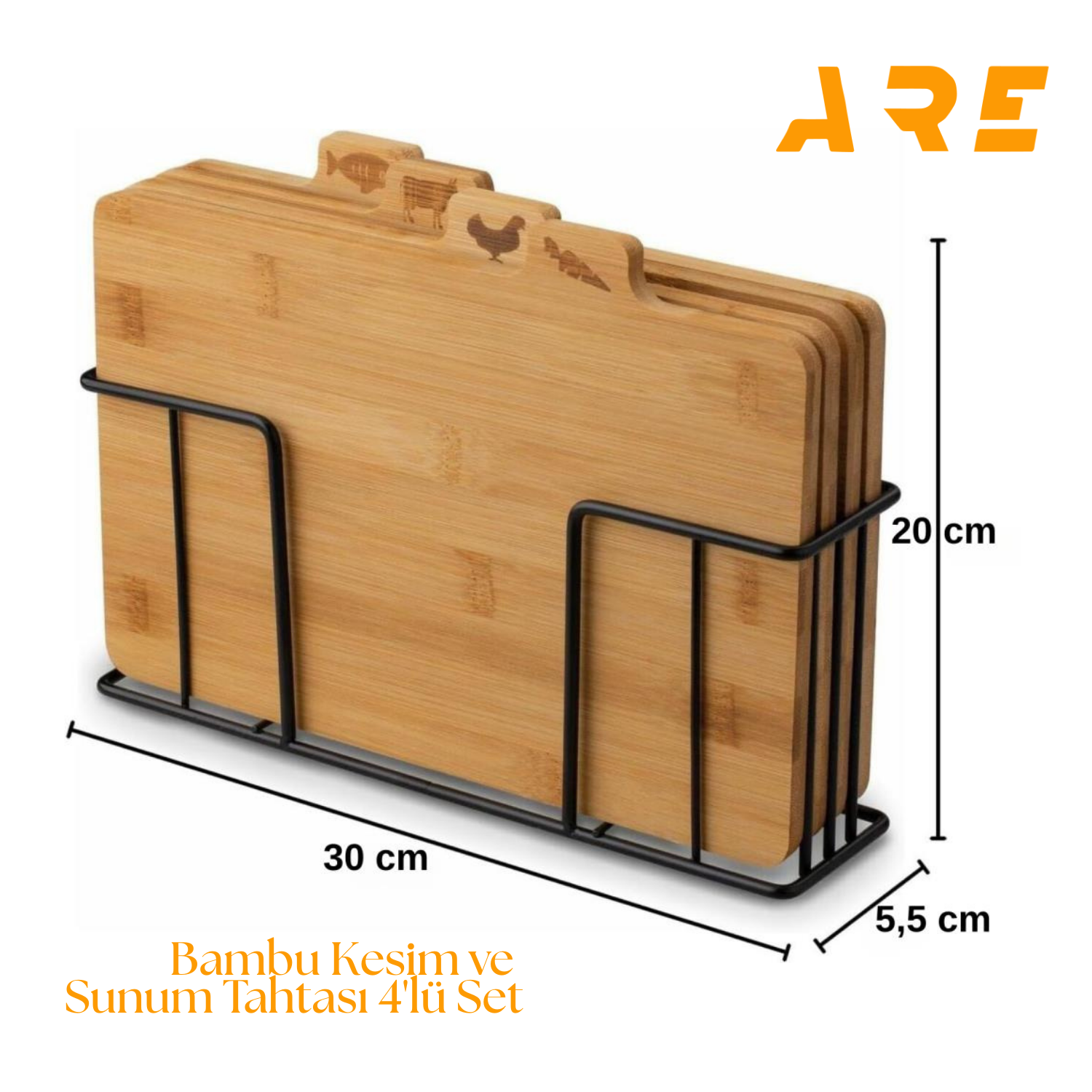 Bambu Kesme Tahtası Seti – 4’lü, 28x20x1 cm, Kaymaz Standlı, Hijyenik Bölmeli, Sebze, Balık, Et & Tavuk için Etiketli – Mutfak Hazırlık Seti