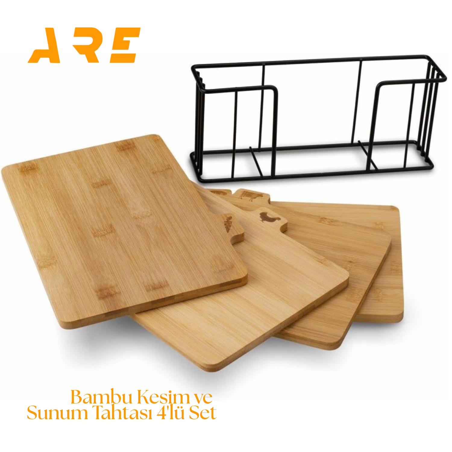 Bambu Kesme Tahtası Seti – 4’lü, 28x20x1 cm, Kaymaz Standlı, Hijyenik Bölmeli, Sebze, Balık, Et & Tavuk için Etiketli – Mutfak Hazırlık Seti