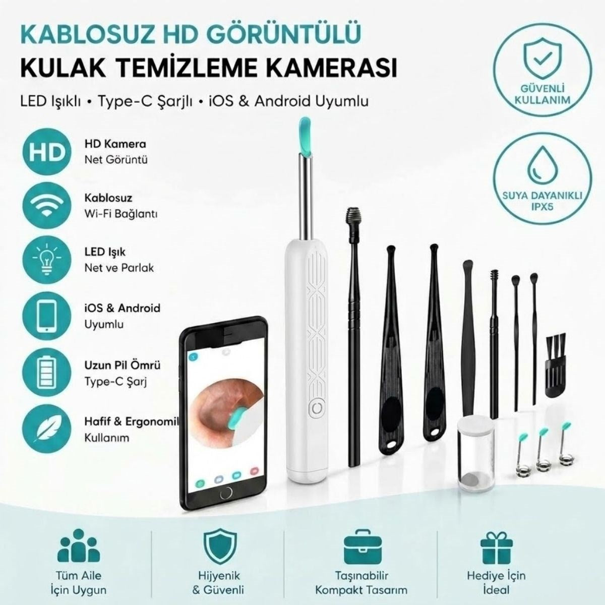 BUFFER Beyaz Kablosuz HD Görüntülü Kulak Temizleme Kamerası, LED Işıklı Type-C Şarjlı iOS ve Android Uyumlu Kulak Temizleme Seti