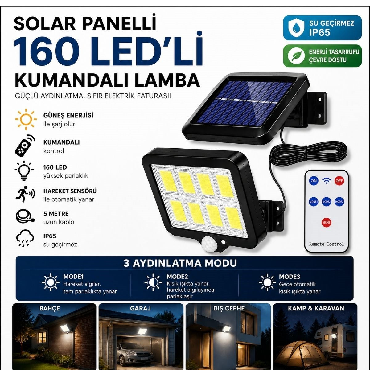 BUFFER 160 LED Solar Bahçe Aydınlatması, 6'lı Güneş Panelli LED Lamba, 5 Metre Kablolu ve Kumandalı