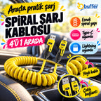 4'ü 1 Arada Esnek Spiral Hızlı Şarj Kablosu, Araç İçi Yaylı Kablo, Type-C ve Lightning Uyumlu Çoklu Şarj Kablosu