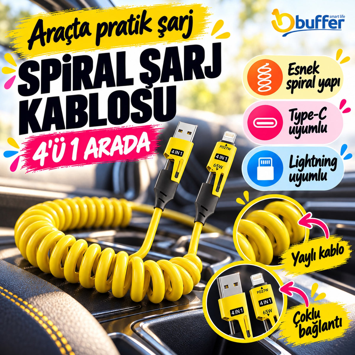 4'ü 1 Arada Esnek Spiral Hızlı Şarj Kablosu, Araç İçi Yaylı Kablo, Type-C ve Lightning Uyumlu Çoklu Şarj Kablosu