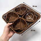 BUFFER 5 Parça,4 Kalp Formlu Plastik Rattan Sunum ve Kahvaltı Seti-Bölmeli Çerezlik ve Meyvelik-Doğal Hasır Görünümlü Tepsi ve Sunum Tabakları