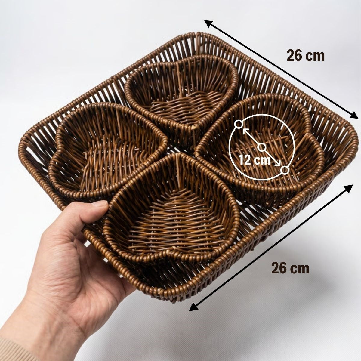 BUFFER 5 Parça,4 Kalp Formlu Plastik Rattan Sunum ve Kahvaltı Seti-Bölmeli Çerezlik ve Meyvelik-Doğal Hasır Görünümlü Tepsi ve Sunum Tabakları