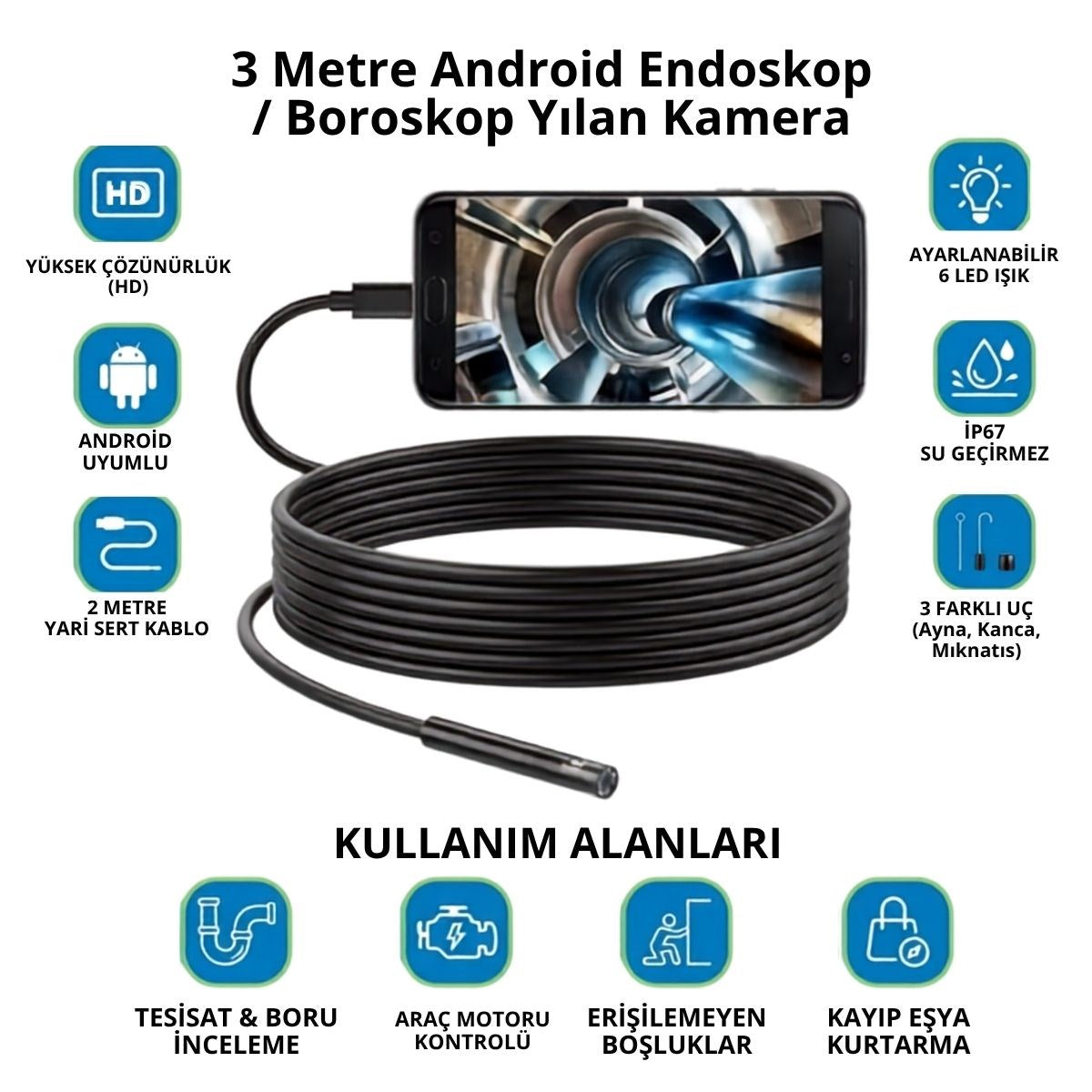 BUFFER 3 Metre Android Telefon Uyumlu 6 LED Işıklı Su Geçirmez Endoskop / Boroskop Yılan Kamera HD