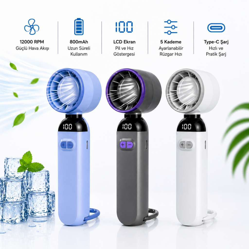 Taşınabilir Mini El Fanı – 12000 RPM Dijital Ekranlı Şarjlı Fan | 5 Kademeli Type-C USB Fan