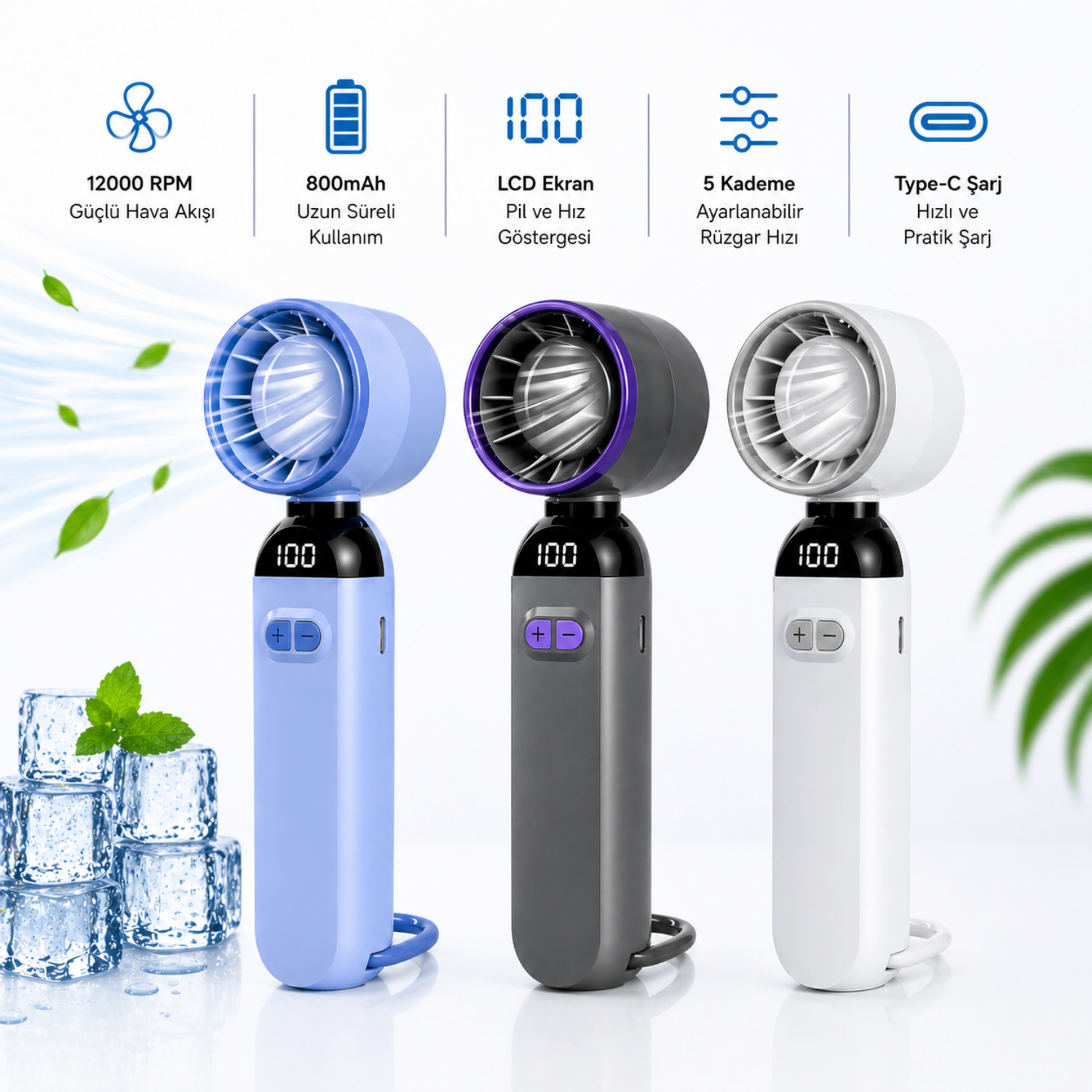 Taşınabilir Mini El Fanı – 12000 RPM Dijital Ekranlı Şarjlı Fan | 5 Kademeli Type-C USB Fan