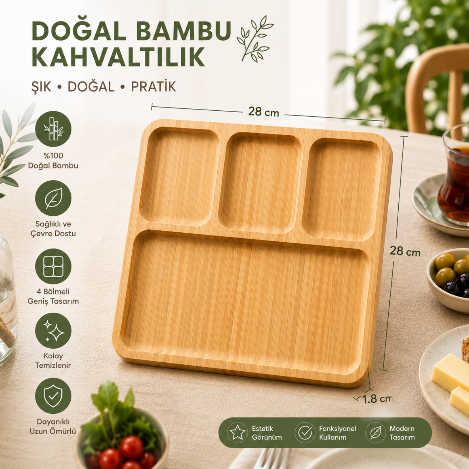 Bambu Kahvaltılık Sunum Tabağı 28x28 cm – 4 Bölmeli Doğal Bambu Servis Tepsisi | 1 Adet, 4’lü ve 6’lı Paket