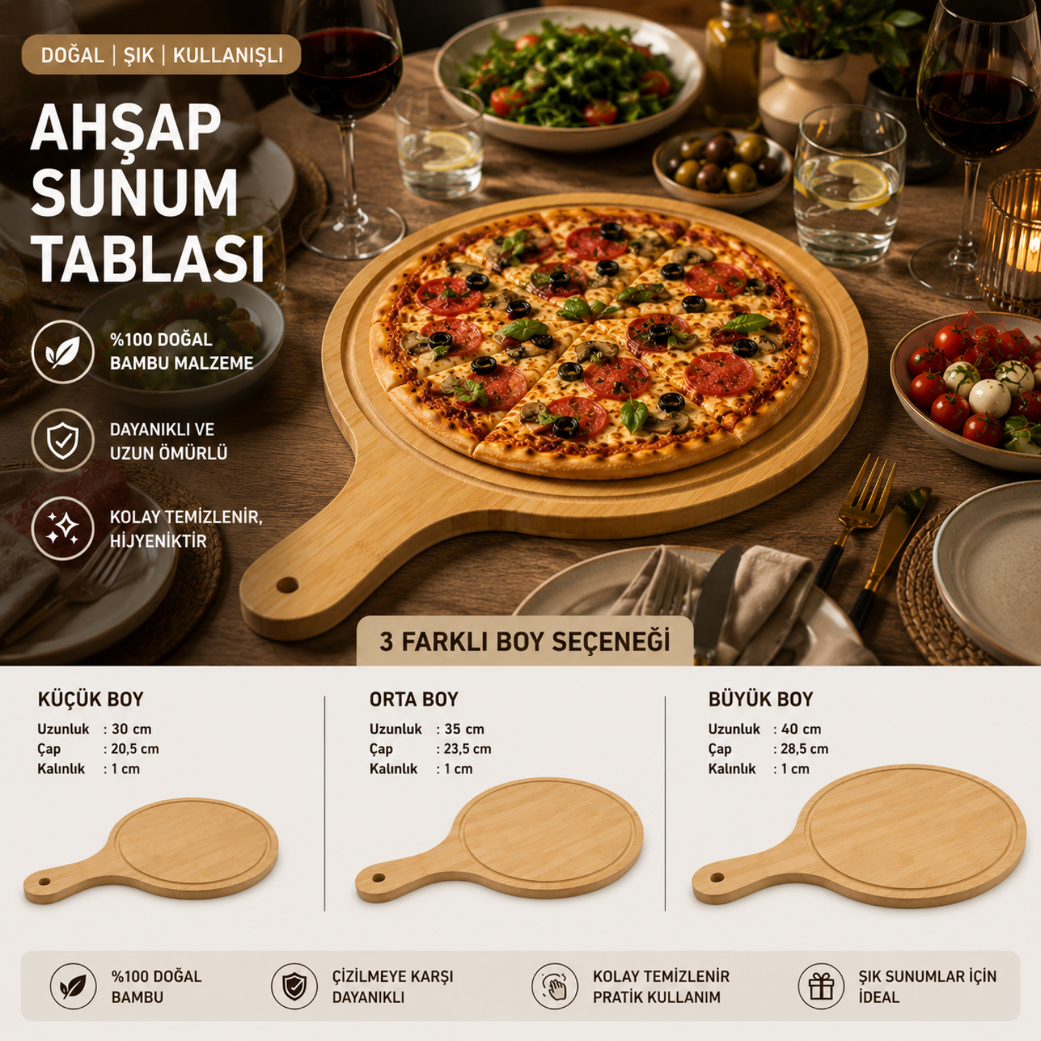 Bambu Pizza & Lahmacun Sunum Tahtası – Ahşap Yuvarlak Servis Tepsisi – 3 Boy Seçeneği