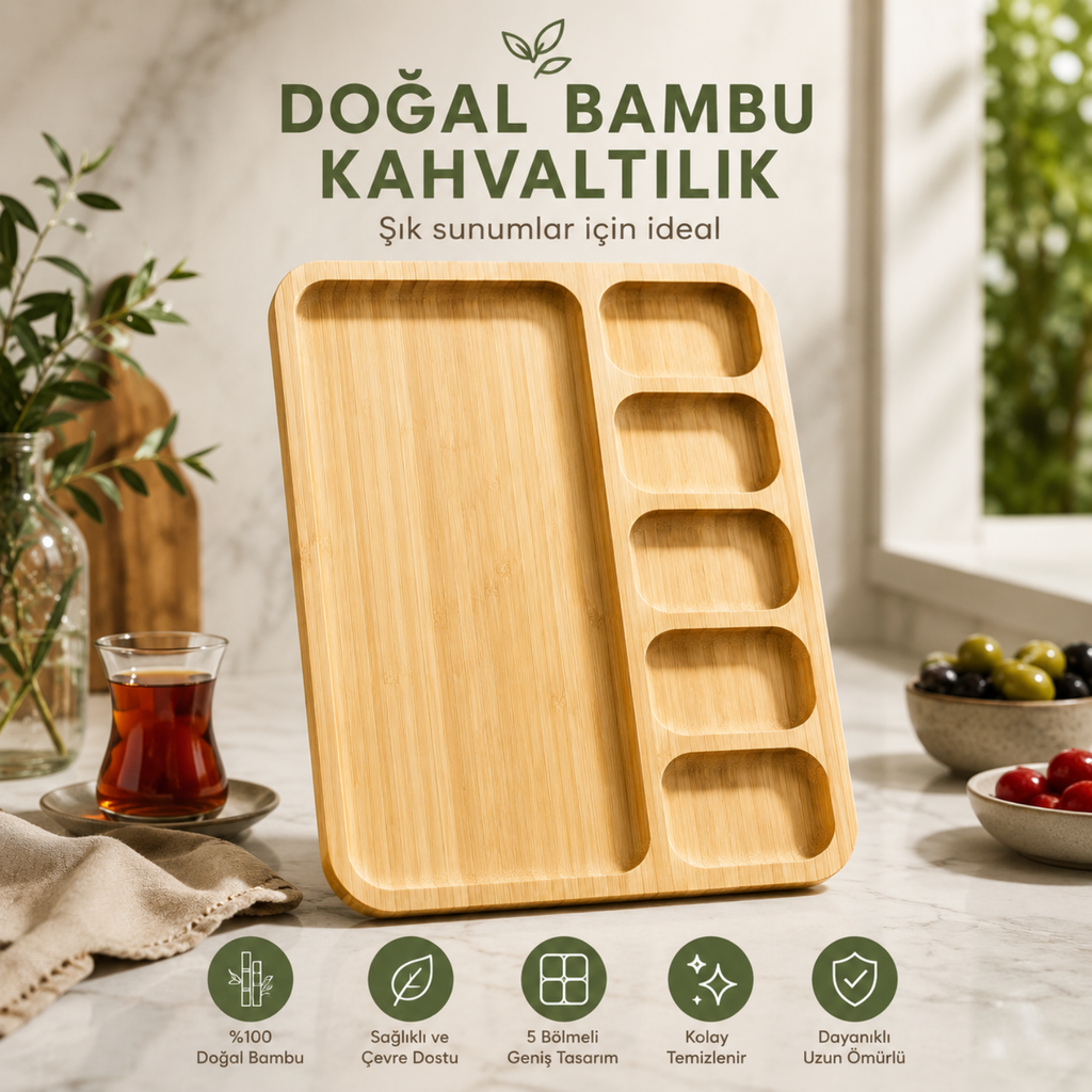 Bambu Kahvaltılık Sunum Tepsisi 6 Bölmeli Ahşap Servis Tabağı – 1 Adet, 4 Adet ve 6 Adet Ekonomik Set Seçenekleri – 32.5x25.5x2CM