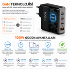 100W GaN Hızlı Şarj Adaptörü – 3x USB-C + 1x USB-A Çoklu Port, Laptop Telefon Tablet Uyumlu Güçlü Şarj Cihazı