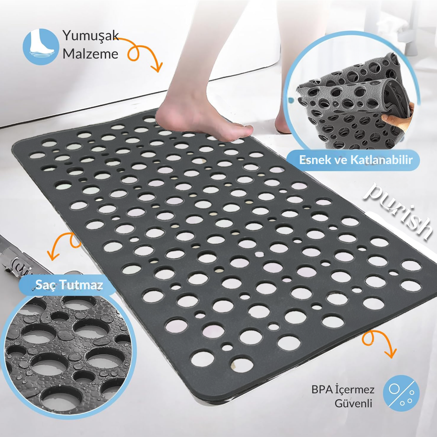 Purish | Kaymaz Banyo Paspası | Antrasit Gri | 36x66 cm – Dikdörtgen Duş Matı, Küvet Paspası | Güçlü Vantuzlu, Su Tahliyeli, Yumuşak | Makinede Yıkanabilir | Kaydırmaz Zemin Matı