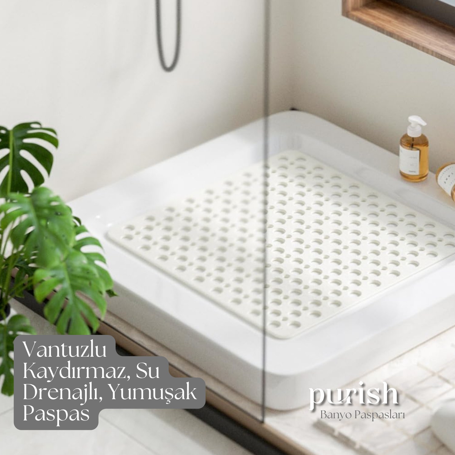 Purish | Kaymaz Banyo Paspası | Beyaz| 54x54cm – Kare Duş Matı, Küvet Paspası | Güçlü Vantuzlu, Su Tahliyeli, Yumuşak | Makinede Yıkanabilir | Kaydırmaz Zemin Matı