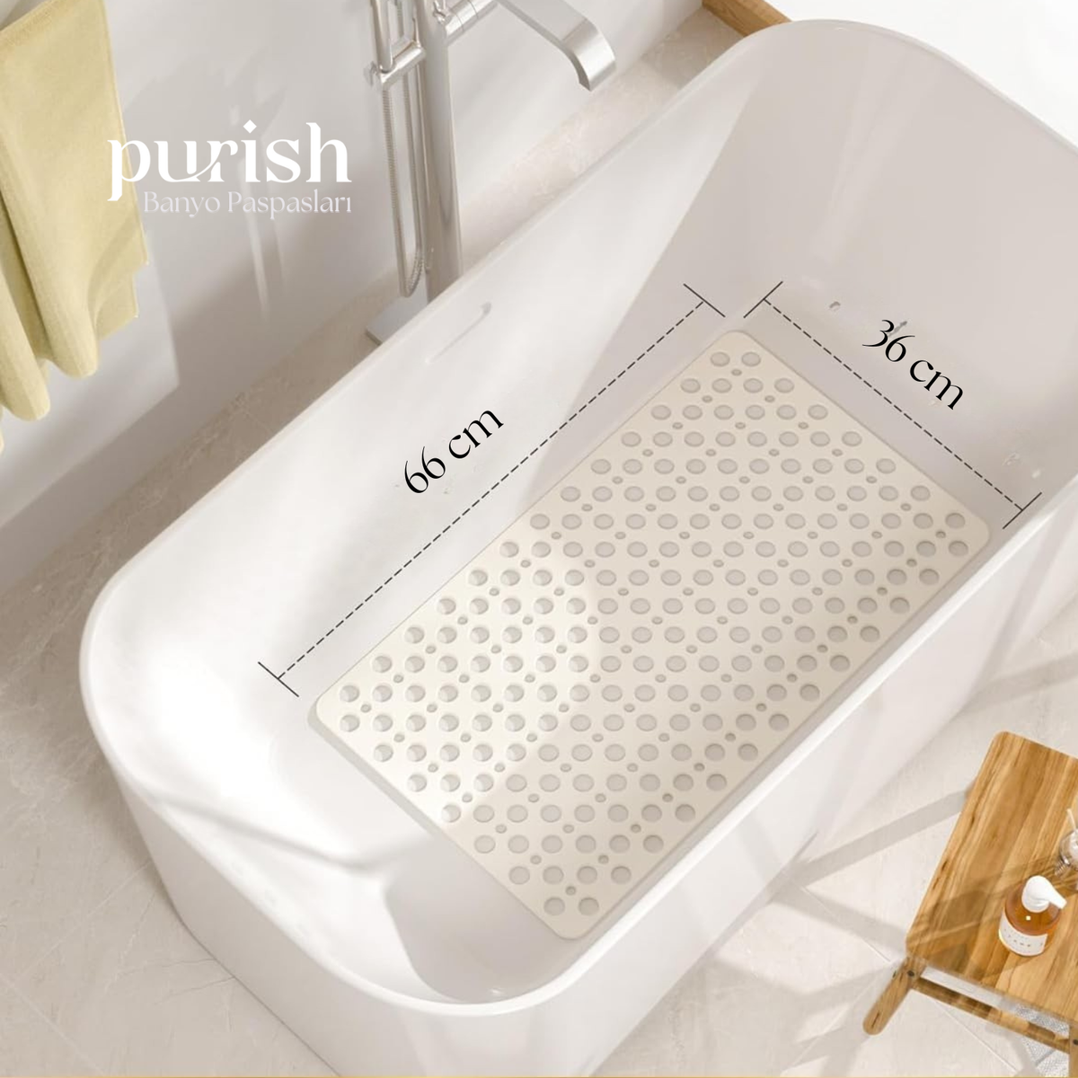 Purish | Kaymaz Banyo Paspası | Beyaz| 36x66 cm – Dikdörtgen Duş Matı, Küvet Paspası | Güçlü Vantuzlu, Su Tahliyeli, Yumuşak