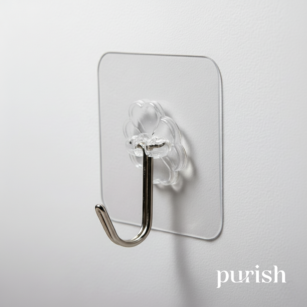 Purish | Kendinden Yapışkanlı Şeffaf Duvar Askısı | Delme Yok – İz Bırakmaz – Küçük & Dayanıklı | Banyo, Mutfak, Oturma Odası için