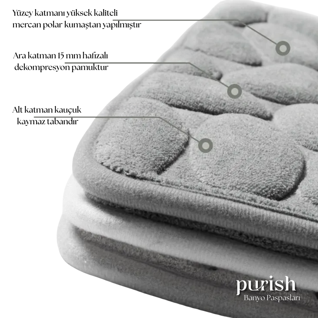 Hafızalı Köpük Banyo Paspası 60×40 cm – Kaydırmaz Tabanlı, Hızlı Kuruyan Mikrofiber, Taş Dokulu Gri Banyo Matı - Herseyben.de