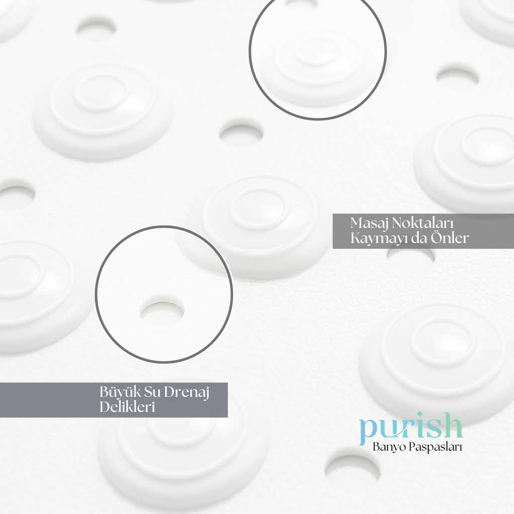 Purish | Kaymaz Banyo Paspası | Beyaz | 69,5x36cm – Dikdörtgen Duş Matı, Küvet Paspası | Güçlü Vantuzlu, Su Tahliyeli, Masaj, Fırçalı | Makinede Yıkanabilir | Kaydırmaz Zemin Matı (Copy) - Herseyben.de