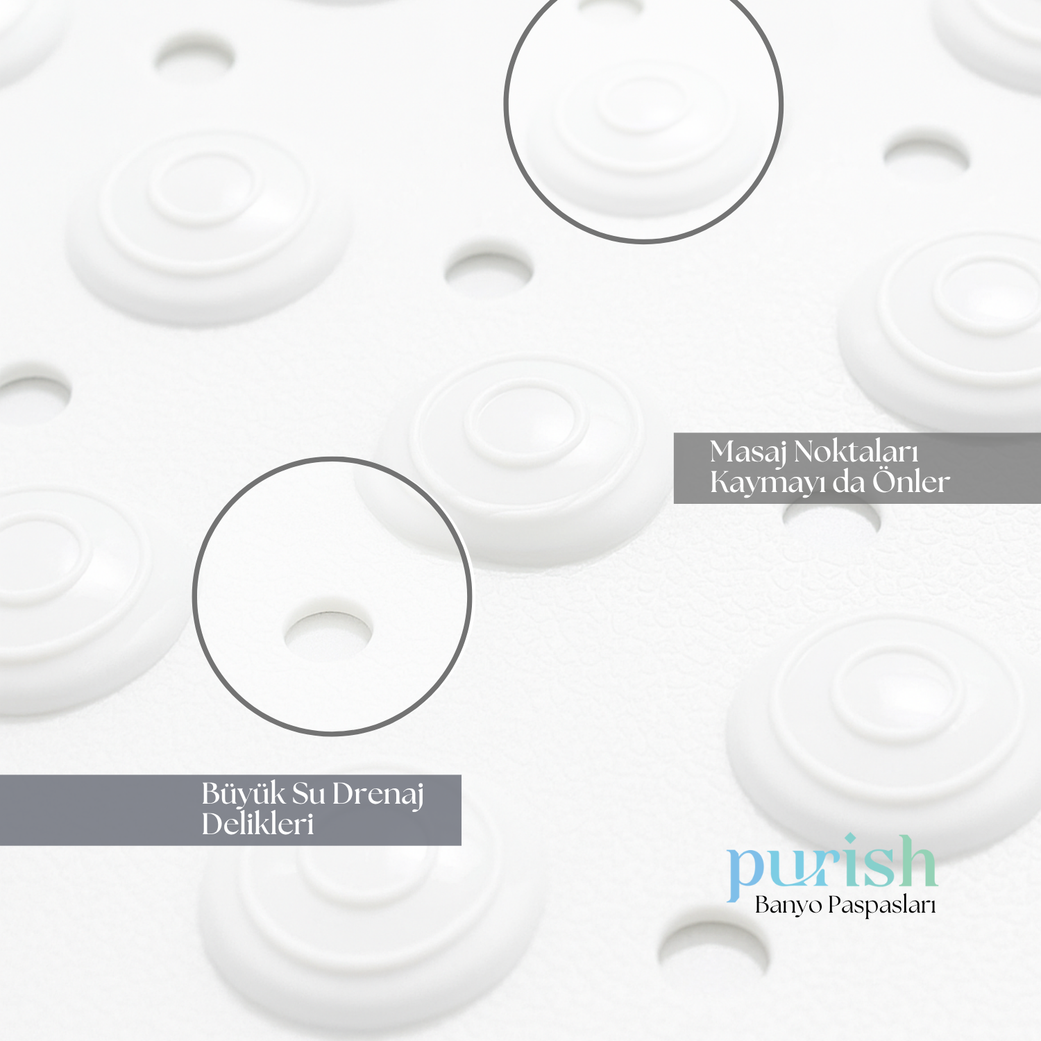 Purish | Kaymaz Banyo Paspası | Beyaz | 69,5x36cm – Dikdörtgen Duş Matı, Küvet Paspası | Güçlü Vantuzlu, Su Tahliyeli, Masaj, Fırçalı | Makinede Yıkanabilir | Kaydırmaz Zemin Matı (Copy) - Herseyben.de