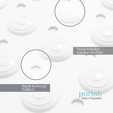 Purish | Kaymaz Banyo Paspası | Beyaz | 69,5x36cm – Dikdörtgen Duş Matı, Küvet Paspası | Güçlü Vantuzlu, Su Tahliyeli, Masaj, Fırçalı | Makinede Yıkanabilir | Kaydırmaz Zemin Matı (Copy)