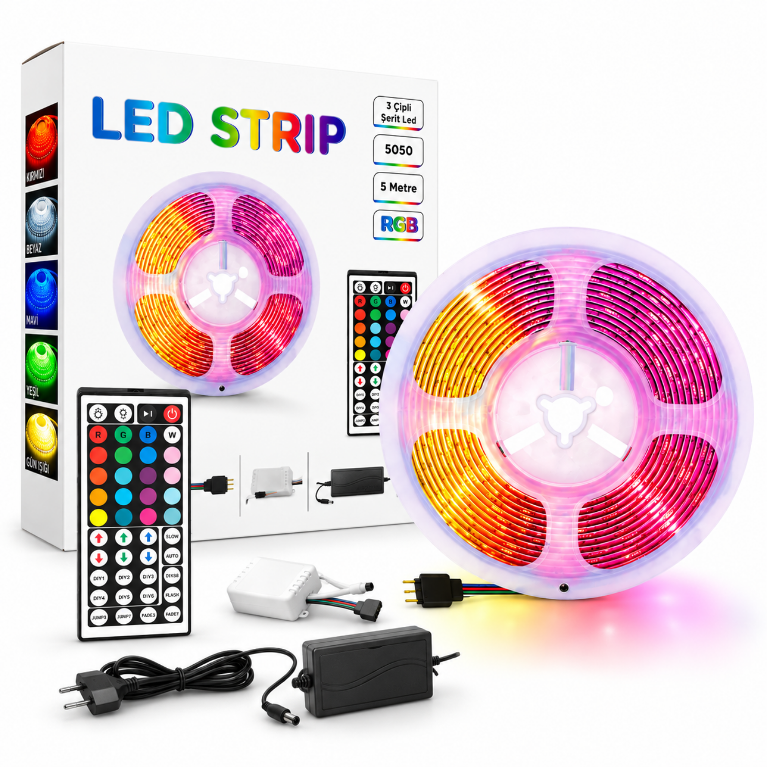 Shopify Başlık:  5 Metre RGB LED Şerit Işık Seti – Tek Çipli / 3 Çipli Seçenekli 5050 SMD LED, Kumandalı Dekoratif LED Aydınlatma