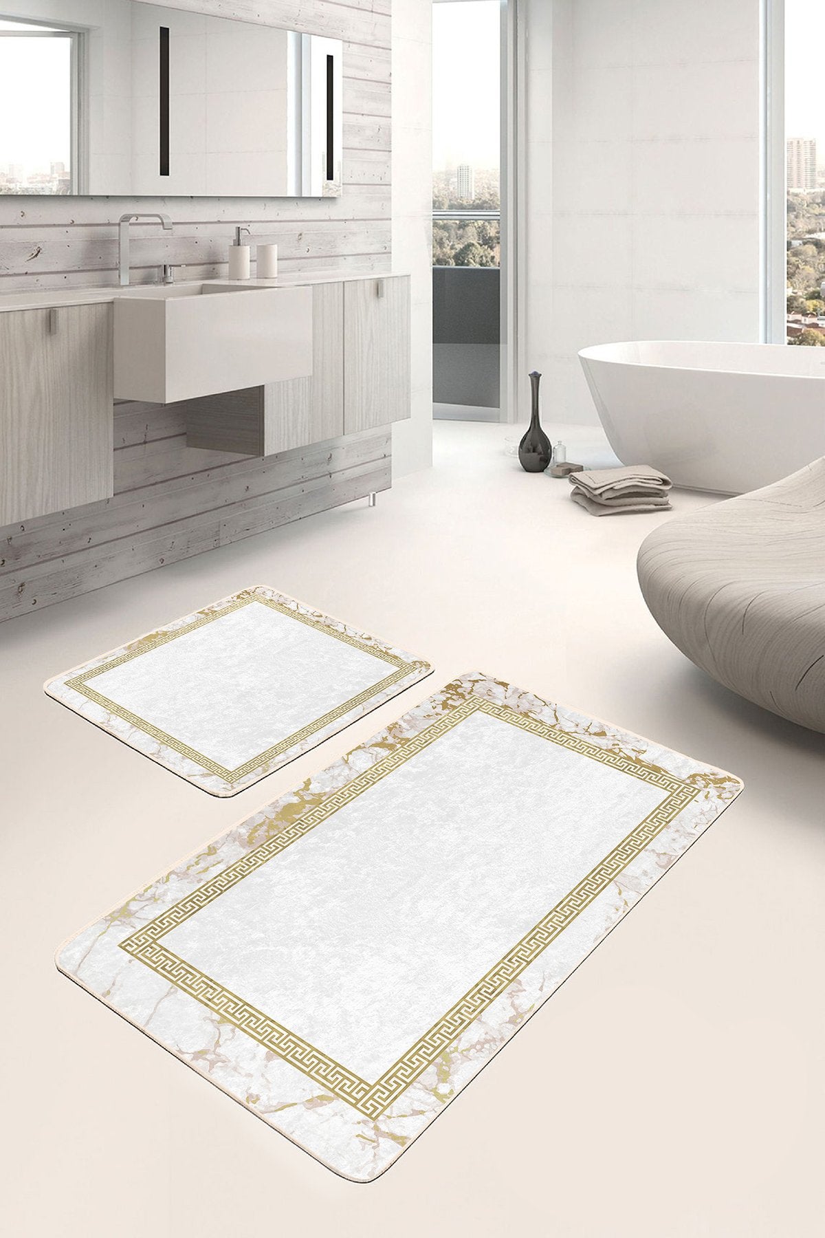 2’li Set Ekru Zeminde Altın renkli Motifli Geometrik Desenli Vintage Geometrik 2’li Banyo & Mutfak Paspas Takımı - Herseyben.de